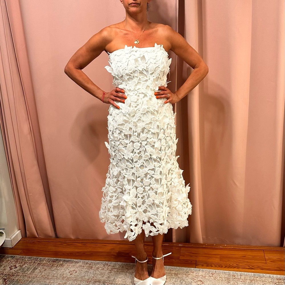 Simkhai White Strapless 3D Floral Midi Dress NWT Size 6 $1295 Removable Straps